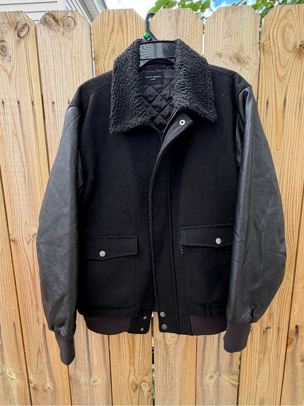 Saint Morta Black Wool & Leather Bomber Jacket with Shearling Collar Size L